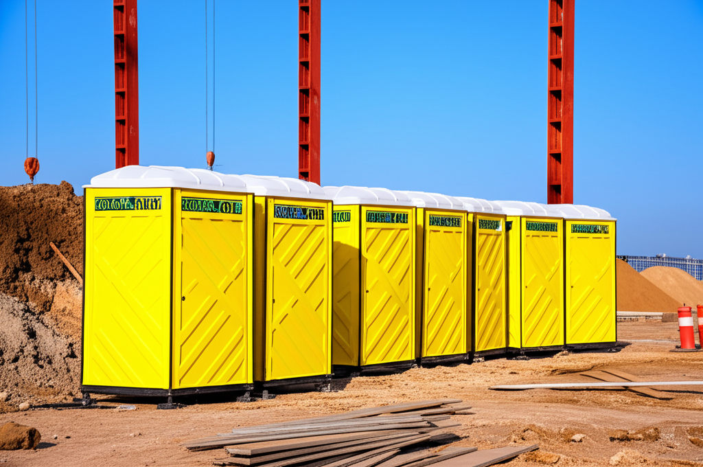 Yellow porta potties at a construction site